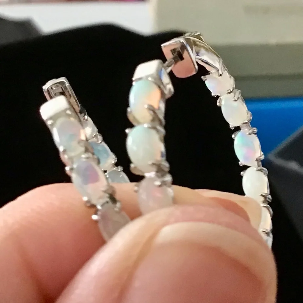 HSN Colleen Lopez Elegant 925 Sterling Silver Opal Large Hoop Earrings - Picture 3 of 3